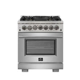 Forno 4-Piece Pro Appliance Package - 30" Dual Fuel Range, 36" Refrigerator with Water Dispenser, Microwave Drawer, & 3-Rack Dishwasher in Stainless Steel