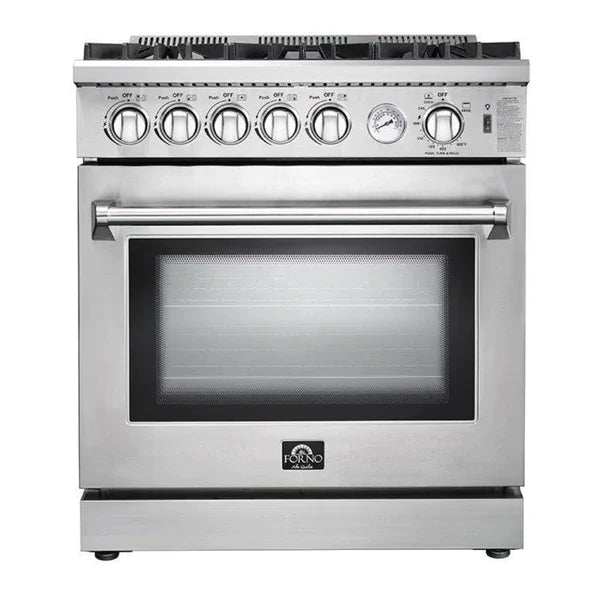 Forno 4-Piece Appliance Package - 30" Gas Range, 36" Refrigerator with Water Dispenser, Microwave Drawer, & 3-Rack Dishwasher in Stainless Steel