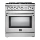 Forno 5-Piece Appliance Package - 30" Gas Range, 36" Refrigerator with Water Dispenser, Wall Mount Hood with Backsplash, Microwave Drawer, & 3-Rack Dishwasher in Stainless Steel