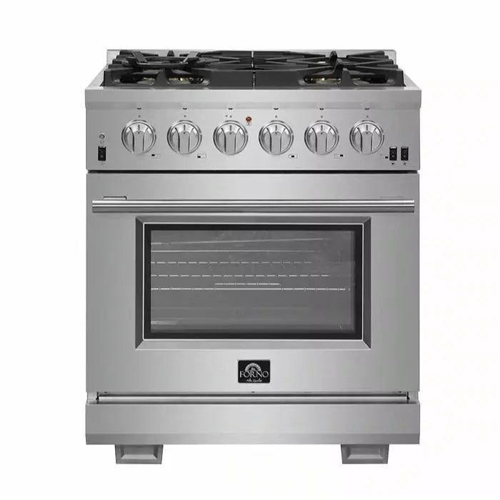 Forno 4-Piece Pro Appliance Package - 30" Gas Range, 56" Pro-Style Refrigerator, Microwave Drawer, & 3-Rack Dishwasher in Stainless Steel