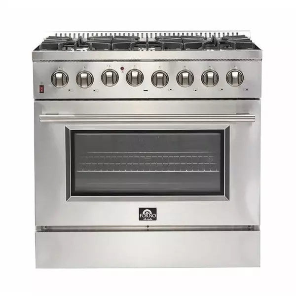 Forno 4-Piece Appliance Package - 36" Dual Fuel Range, 36" Refrigerator with Water Dispenser, Microwave Drawer, & 3-Rack Dishwasher in Stainless Steel