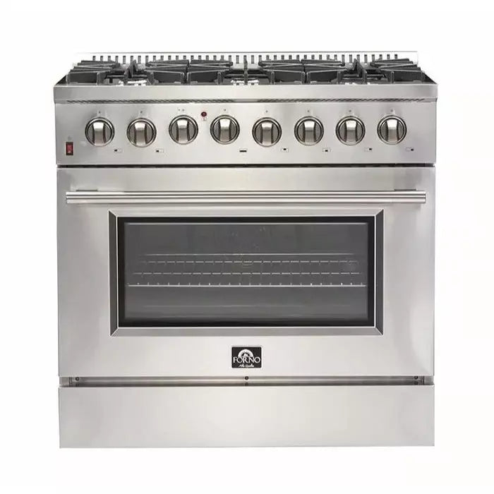 Forno 4-Piece Appliance Package - 36" Dual Fuel Range, 56" Pro-Style Refrigerator, Microwave Oven, & 3-Rack Dishwasher in Stainless Steel