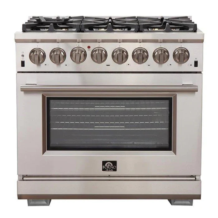 Forno 4-Piece Pro Appliance Package - 36" Dual Fuel Range, 56" Pro-Style Refrigerator, Microwave Drawer, & 3-Rack Dishwasher in Stainless Steel