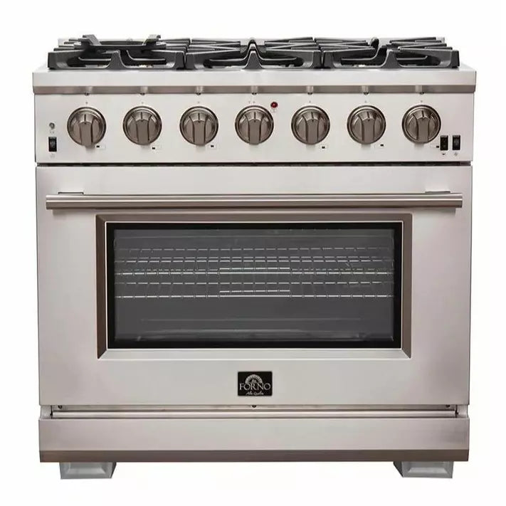 Forno 4-Piece Pro Appliance Package - 36" Gas Range, 36" Refrigerator with Water Dispenser, Microwave Drawer, & 3-Rack Dishwasher in Stainless Steel