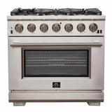 Forno 4-Piece Pro Appliance Package - 36" Gas Range, 36" Refrigerator with Water Dispenser, Microwave Drawer, & 3-Rack Dishwasher in Stainless Steel