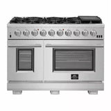 Forno 4-Piece Pro Appliance Package - 48" Gas Range, 36" Refrigerator with Water Dispenser, Microwave Drawer, & 3-Rack Dishwasher in Stainless Steel