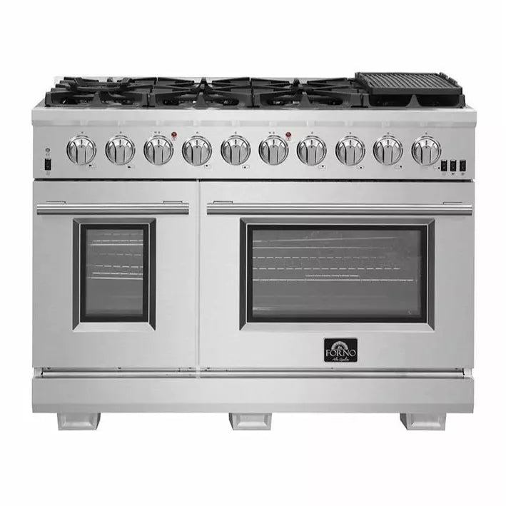 Forno 4-Piece Pro Appliance Package - 48" Gas Range, 56" Pro-Style Refrigerator, Microwave Oven, & 3-Rack Dishwasher in Stainless Steel