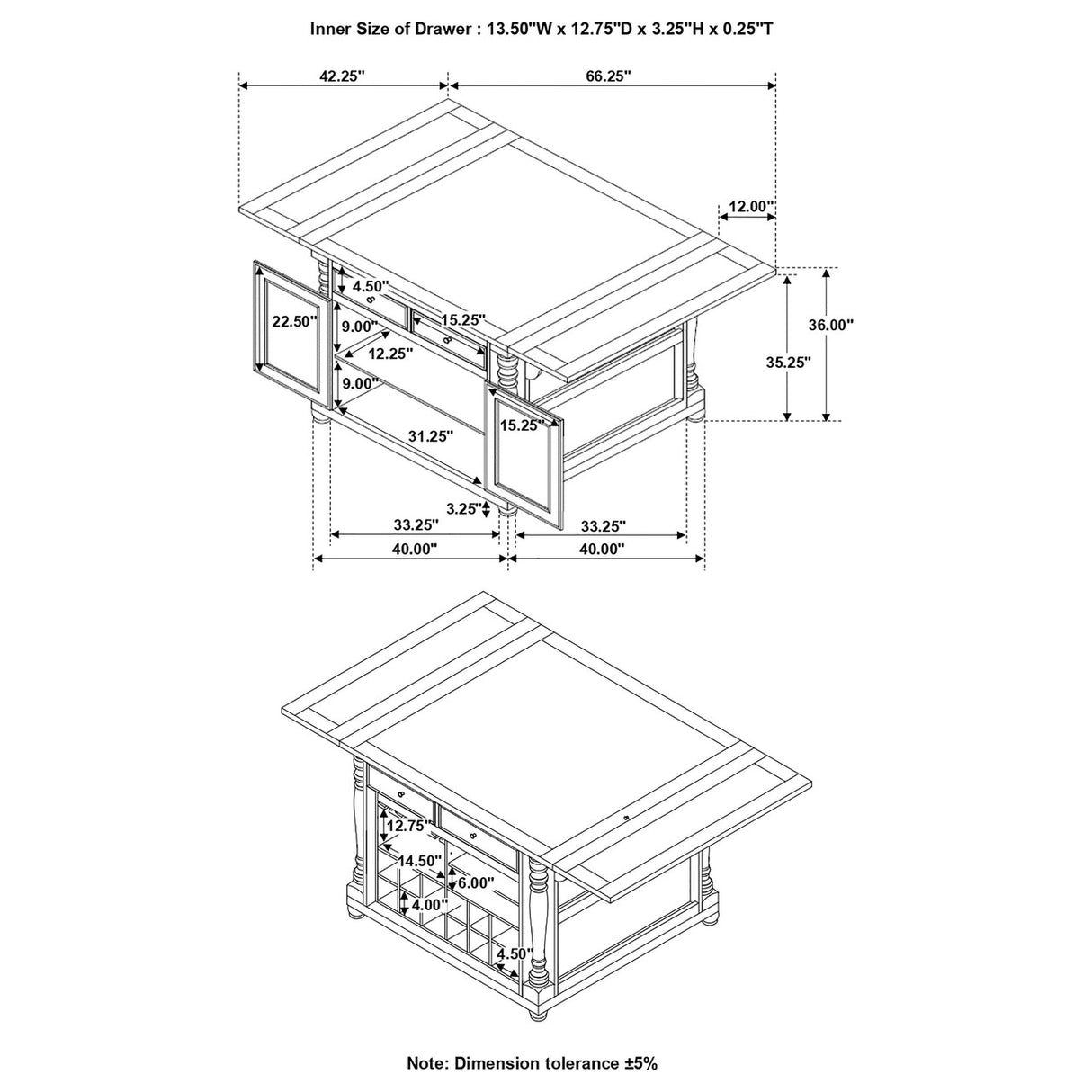 Slater 2-drawer Kitchen Island with Drop Leaves Brown and Buttermilk