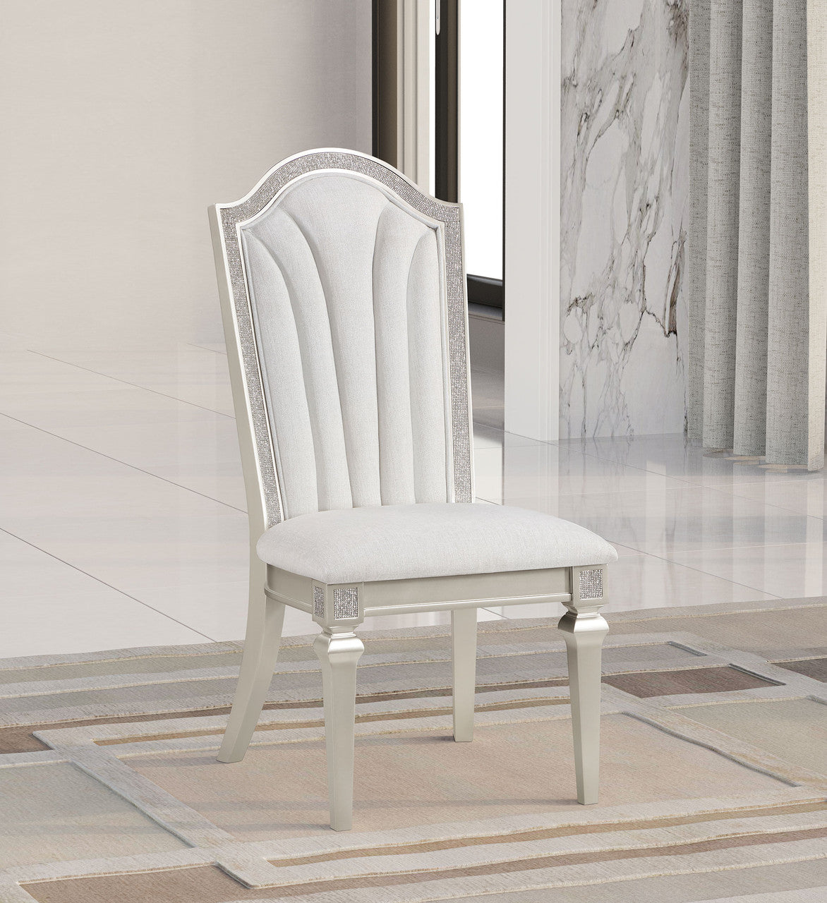 Evangeline Upholstered Dining Side Chair with Faux Diamond Trim Ivory and Silver Oak (Set of 2)