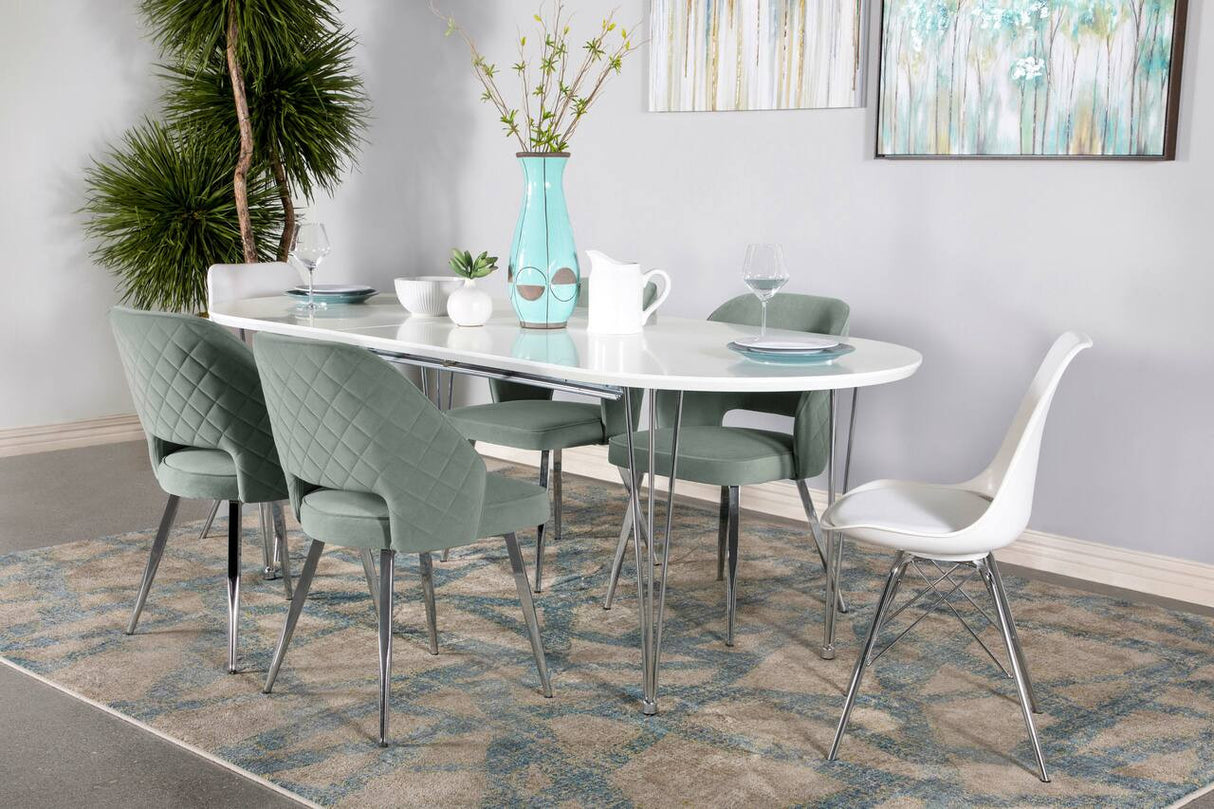 Heather Oval Dining Table with Hairpin Legs Matte White and Chrome