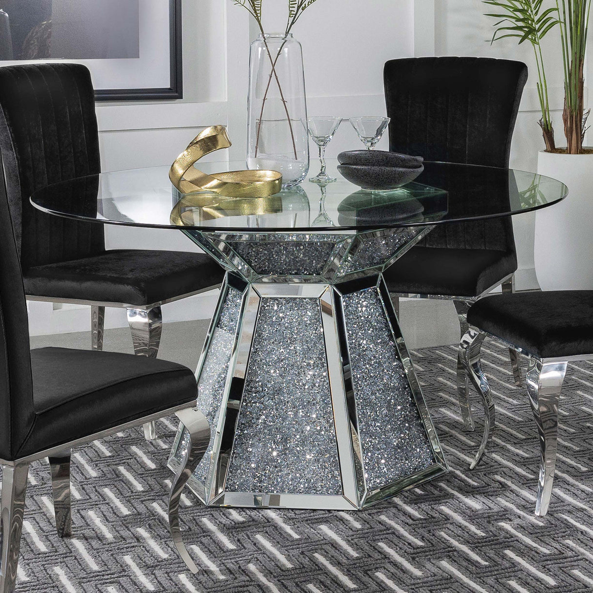 Quinn Hexagon Pedestal Glass Top Dining Table Mirror