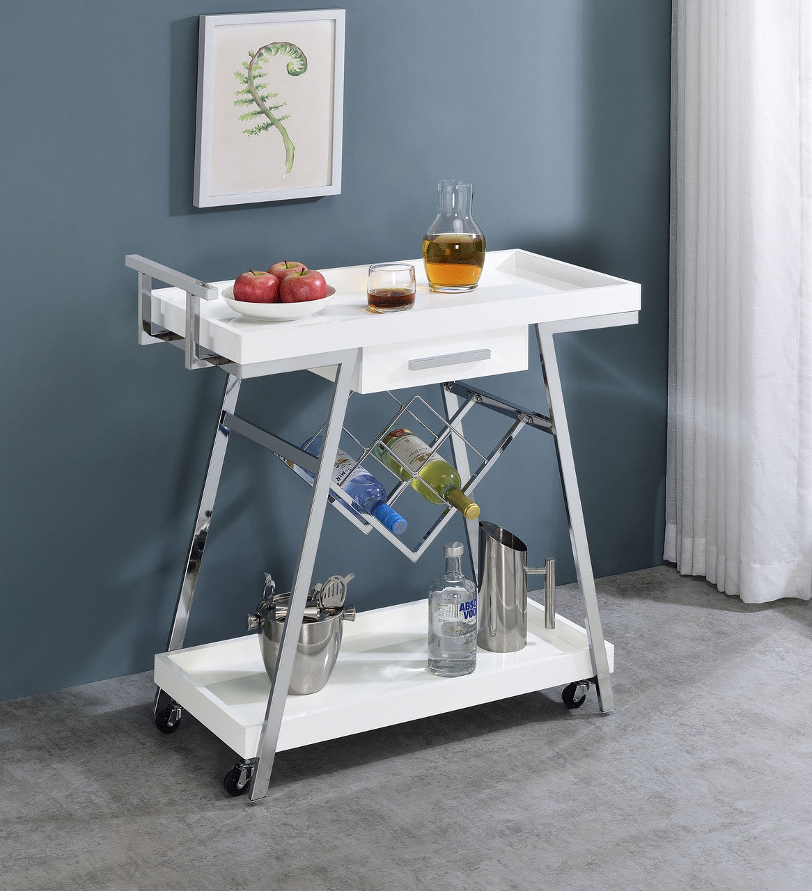 Kinney 2-tier Bar Cart with Storage Drawer White High Gloss and Chrome