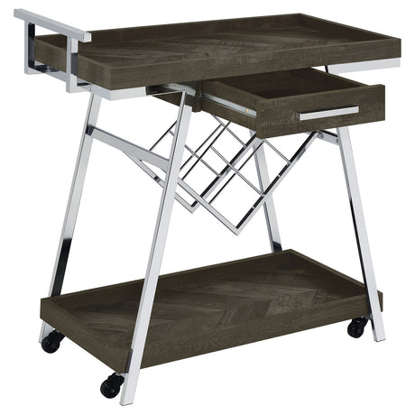 Kinney 2-tier Bar Cart with Storage Drawer Rustic Grey and Chrome