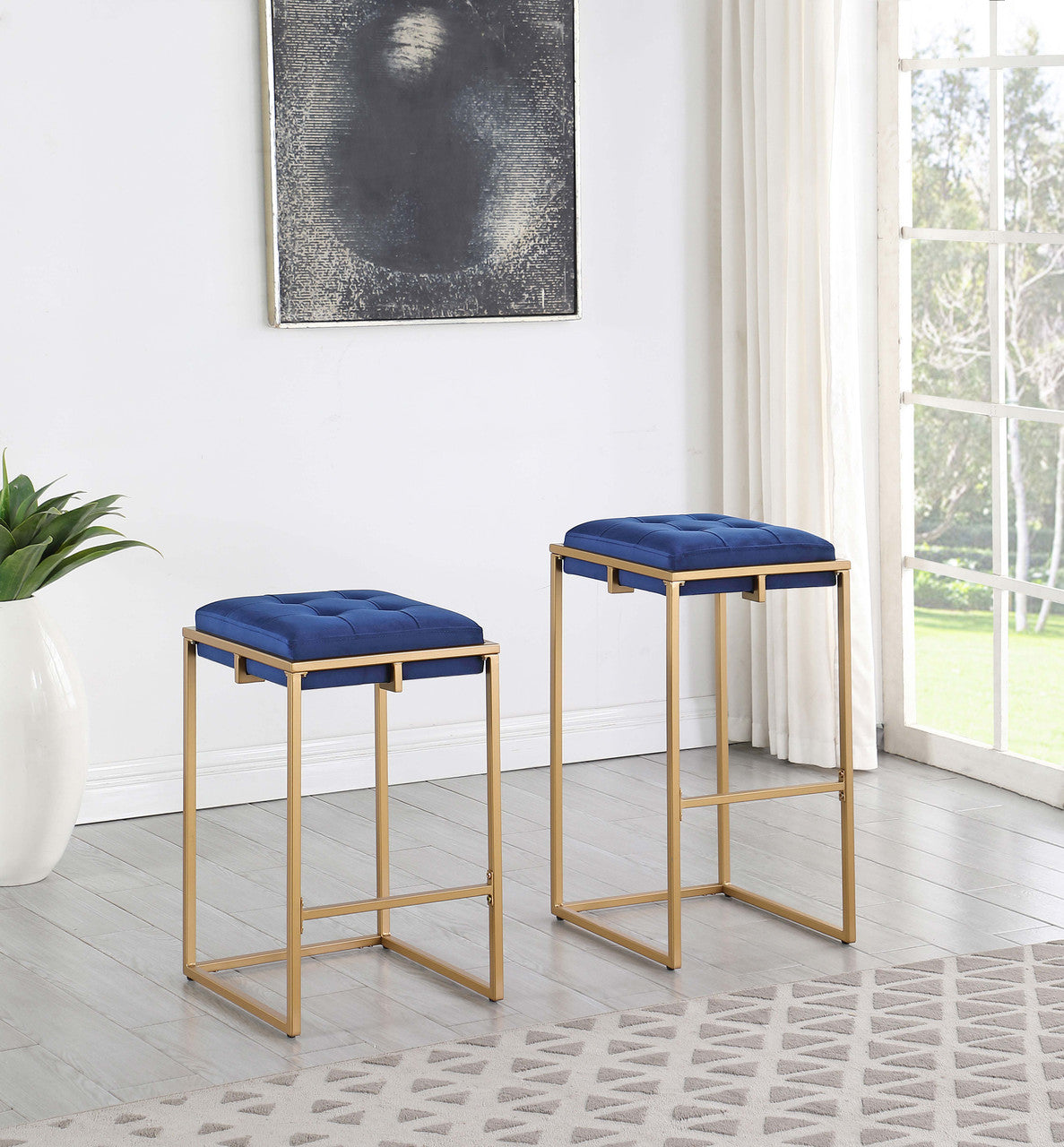 Nadia Square Padded Seat Counter Height Stool (Set of 2) Blue and Gold