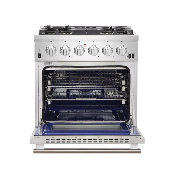 Forno 4-Piece Pro Appliance Package - 30" Gas Range, 36" Refrigerator with Water Dispenser, Microwave Oven, & 3-Rack Dishwasher in Stainless Steel