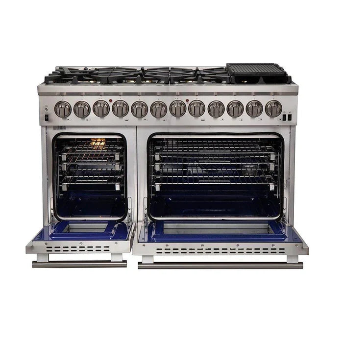 Forno 4-Piece Pro Appliance Package - 48" Dual Fuel Range, 56" Pro-Style Refrigerator, Microwave Drawer, & 3-Rack Dishwasher in Stainless Steel