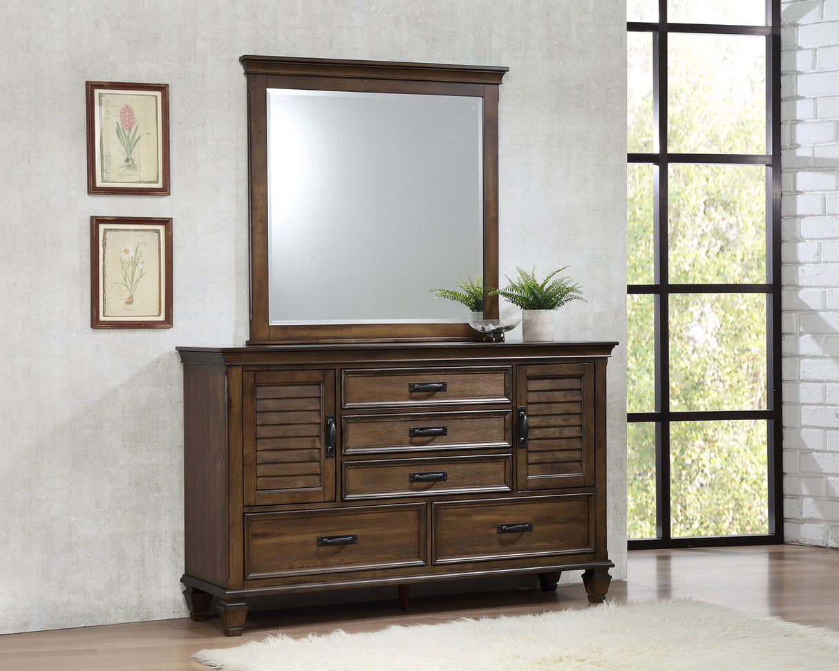 Franco 5-drawer Dresser with Mirror with 2 Louvered Doors Burnished Oak