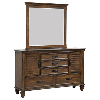 Franco 5-drawer Dresser with Mirror with 2 Louvered Doors Burnished Oak