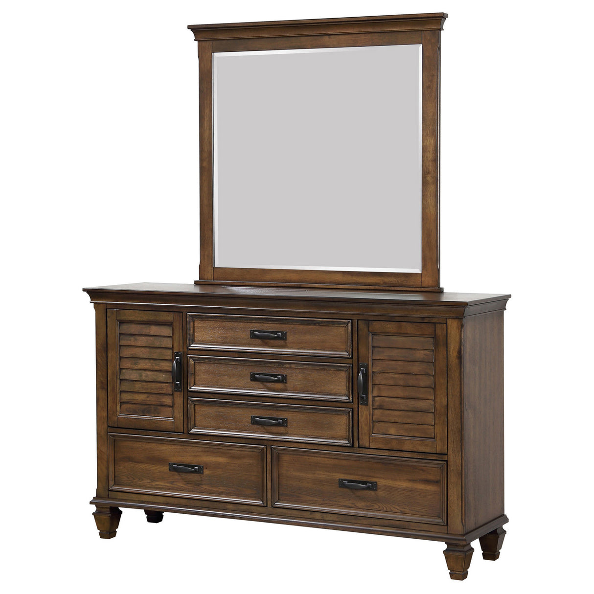 Franco 5-drawer Dresser with Mirror with 2 Louvered Doors Burnished Oak