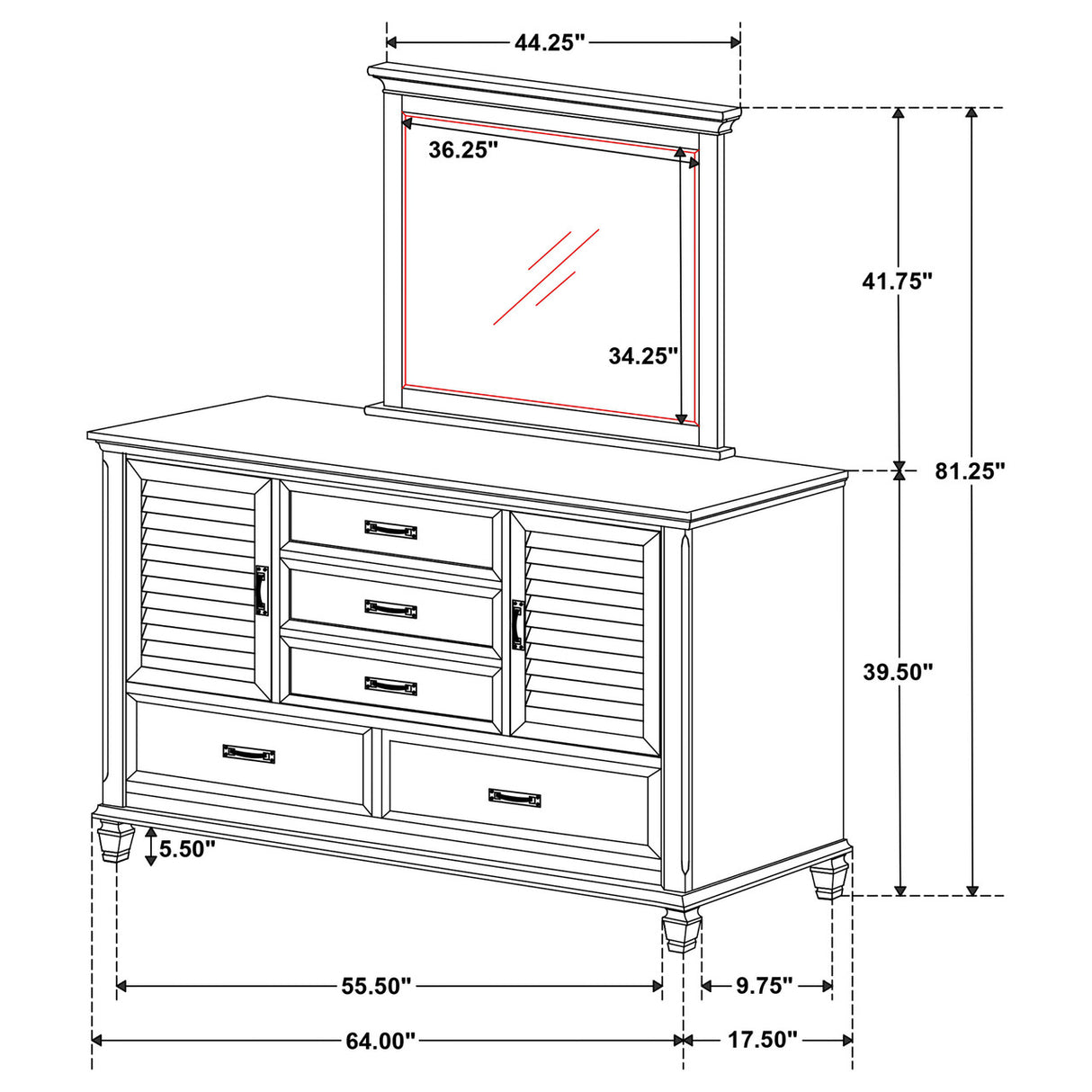 Franco 5-drawer Dresser with Mirror with 2 Louvered Doors Burnished Oak