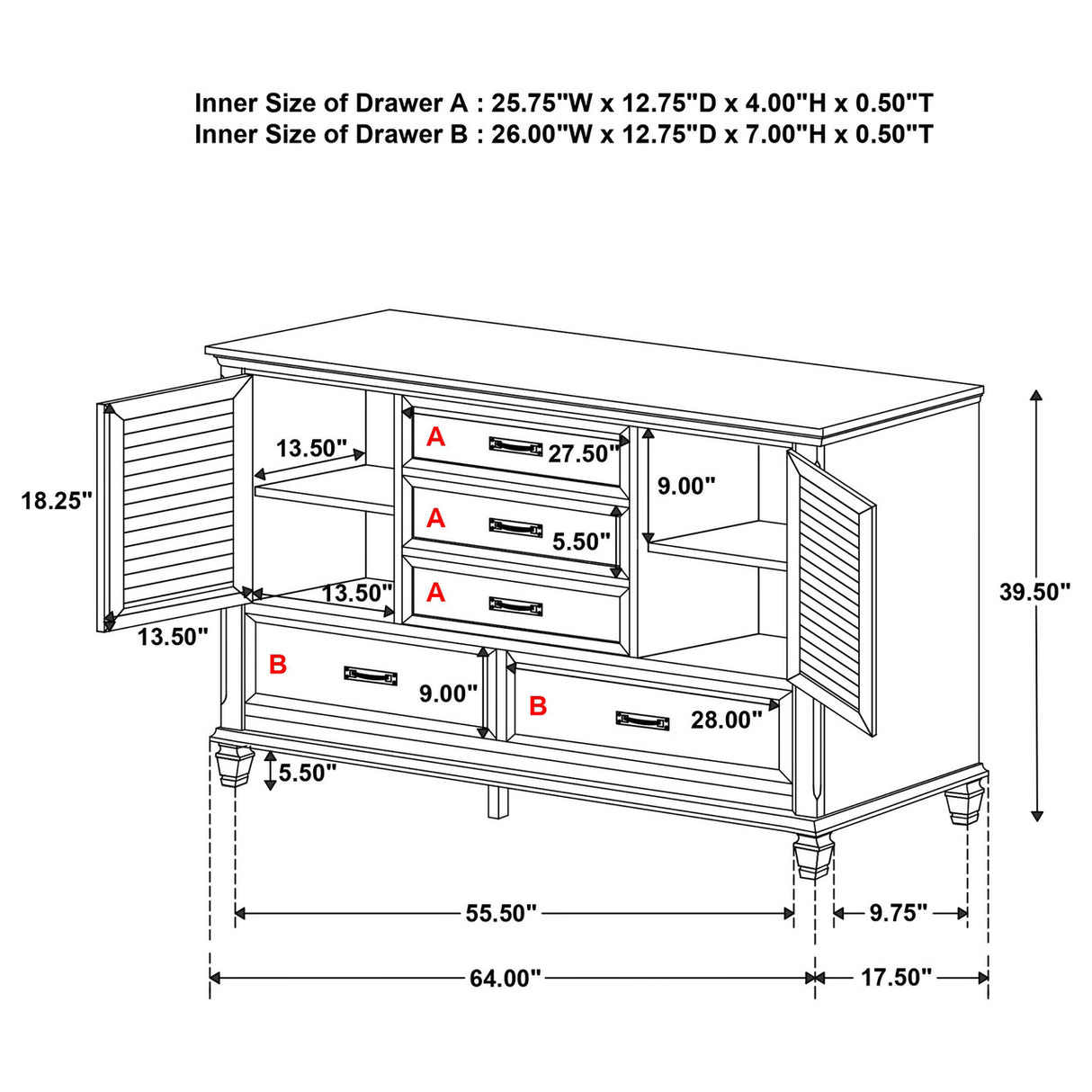 Franco 5-drawer Dresser with 2 Louvered Doors Burnished Oak