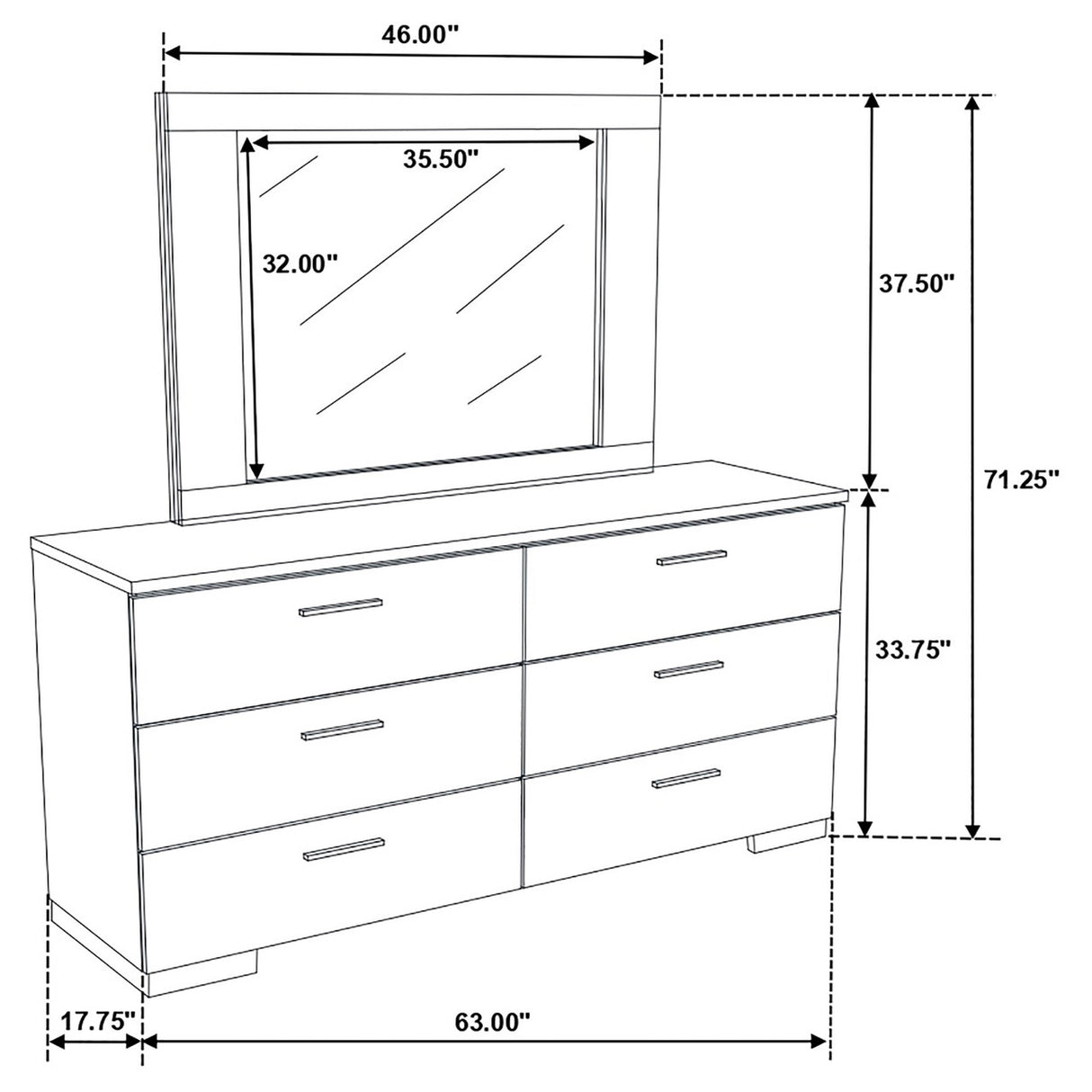 Felicity 6-drawer Dresser with Mirror Glossy White