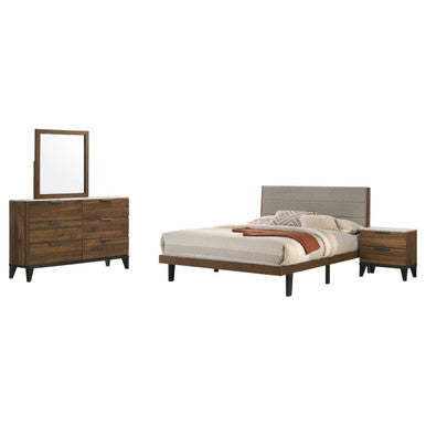 Mays 4-piece Upholstered Eastern King Bedroom Set Walnut Brown and Grey