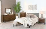 Mays 5-piece Upholstered Queen Bedroom Set Walnut Brown and Grey