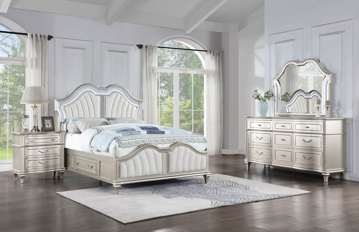 Evangeline 4-piece Eastern King Storage Bed with LED Headboard Silver Oak and Ivory