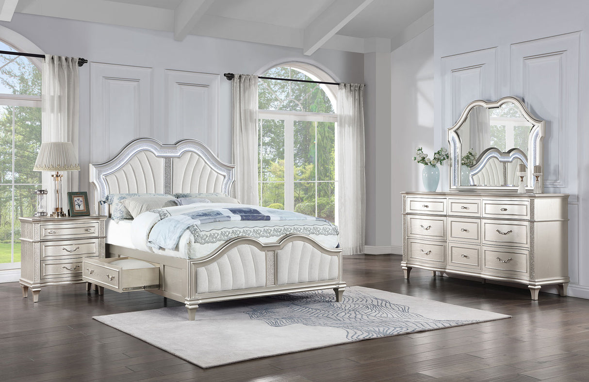 Evangeline 4-piece Eastern King Storage Bed with LED Headboard Silver Oak and Ivory