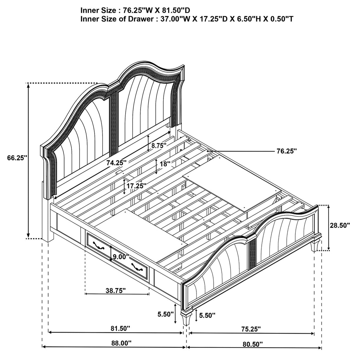 Evangeline 4-piece Eastern King Storage Bed with LED Headboard Silver Oak and Ivory