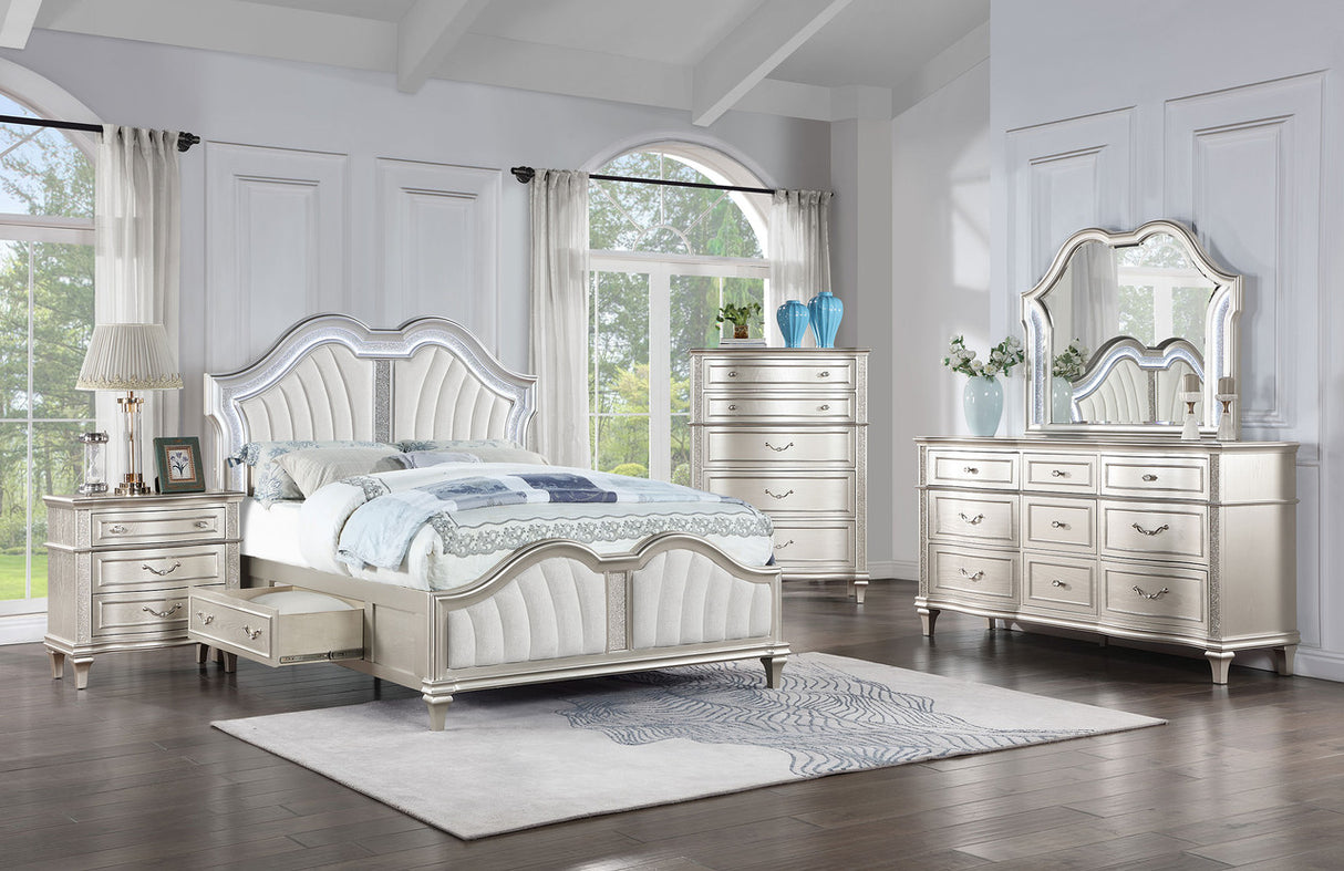 Evangeline 5-piece Eastern King Storage Bed with LED Headboard Silver Oak and Ivory