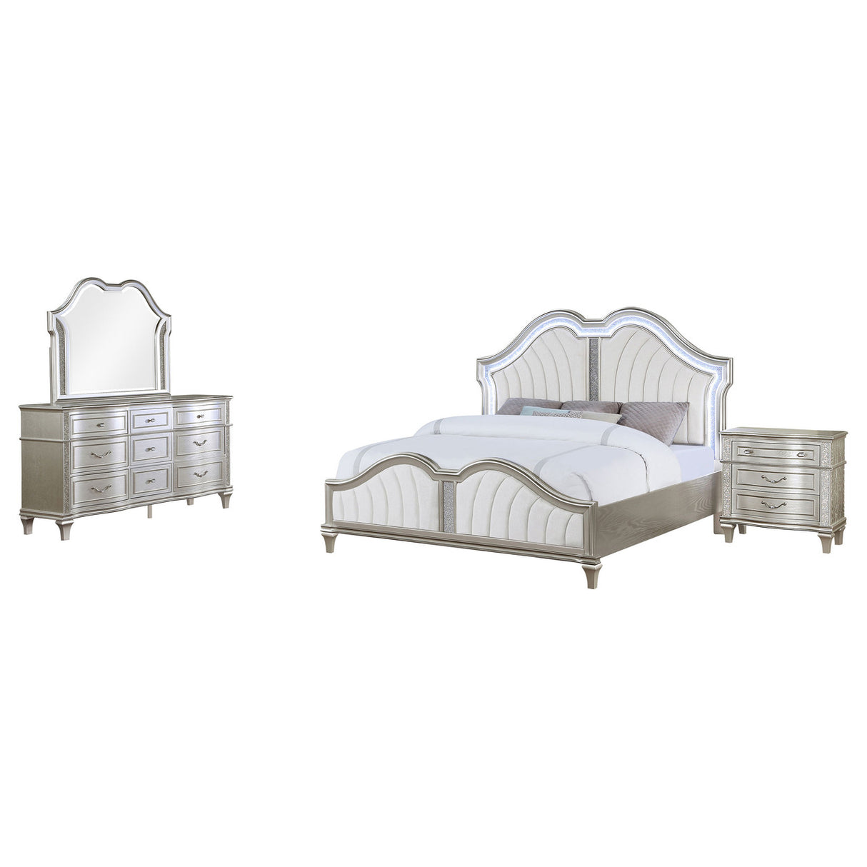 Evangeline 4-piece Upholstered Platform California King Bedroom Set Ivory and Silver Oak