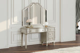 Evangeline 4-drawer Vanity Table with Faux Diamond Trim Silver and Ivory