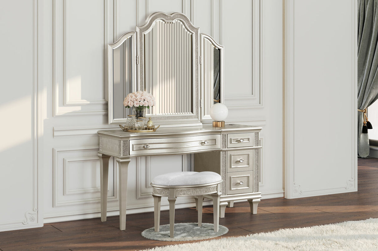 Evangeline 4-drawer Vanity Table with Faux Diamond Trim Silver and Ivory