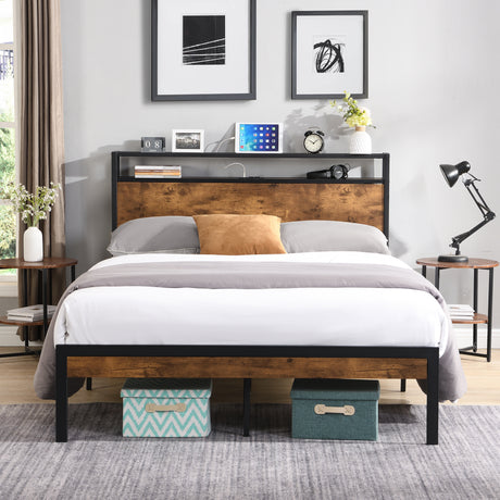 Metal Platform Bed Frame with Wooden Headboard and Footboard