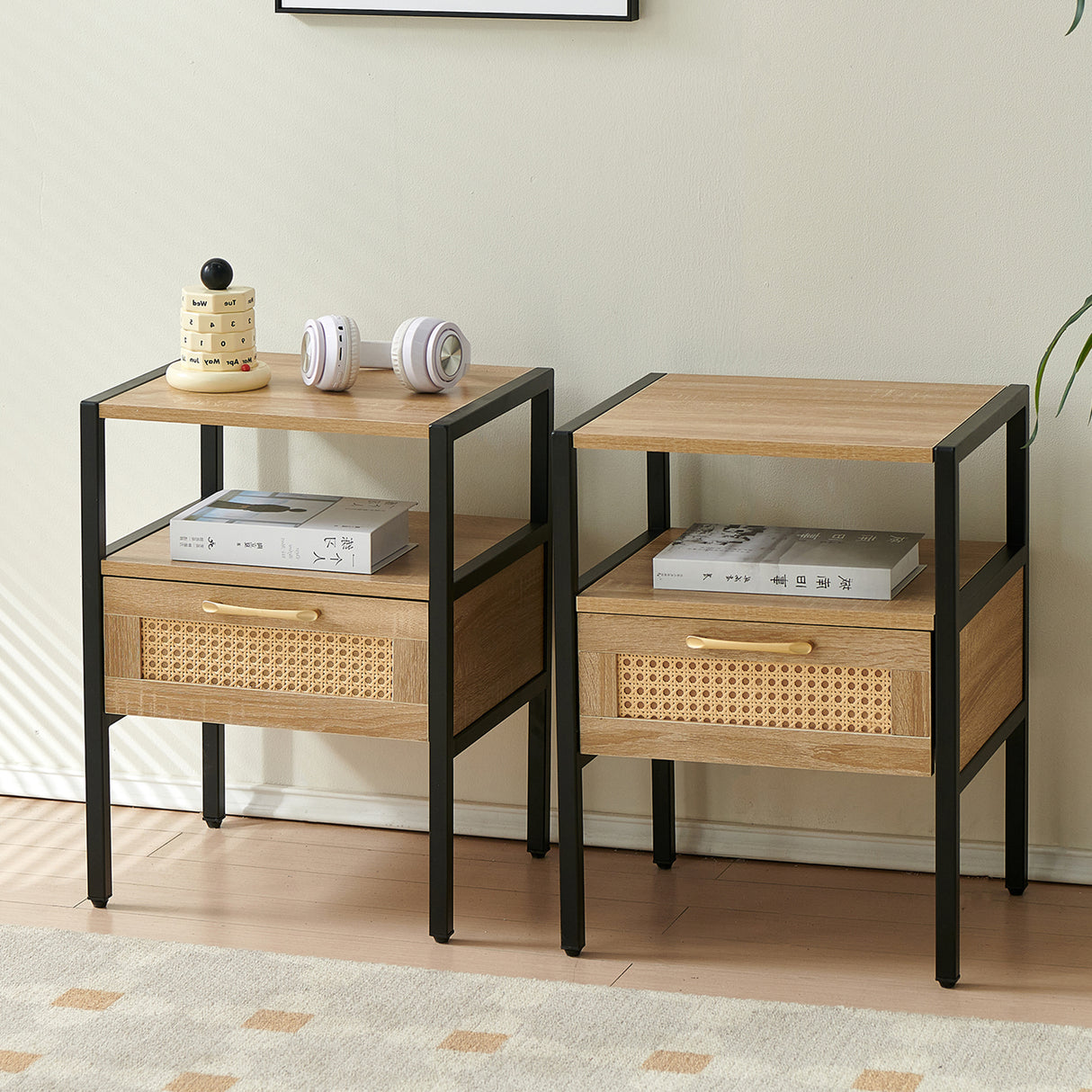 Set of 2, 15.75" Rattan End table with drawer, Modern nightstand, metal legs,side table for living room, bedroom,natural