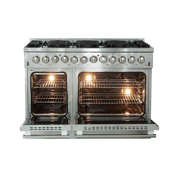 Forno 4-Piece Appliance Package - 48" Dual Fuel Range, 36" Refrigerator with Water Dispenser, Wall Mount Hood with Backsplash, & 3-Rack Dishwasher in Stainless Steel