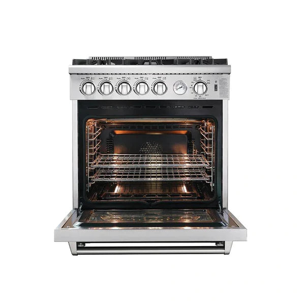 Forno 4-Piece Appliance Package - 30" Gas Range, 36" Refrigerator with Water Dispenser, Microwave Drawer, & 3-Rack Dishwasher in Stainless Steel