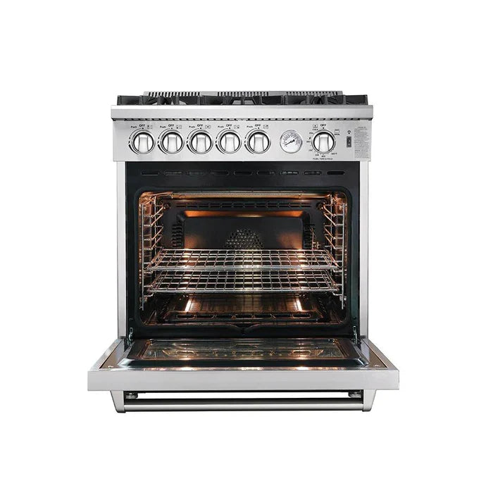 Forno 5-Piece Appliance Package - 30" Gas Range, 36" Refrigerator with Water Dispenser, Wall Mount Hood with Backsplash, Microwave Drawer, & 3-Rack Dishwasher in Stainless Steel