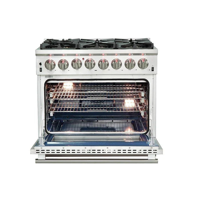 Forno 4-Piece Pro Appliance Package - 36" Dual Fuel Range, 56" Pro-Style Refrigerator, Microwave Oven, & 3-Rack Dishwasher in Stainless Steel