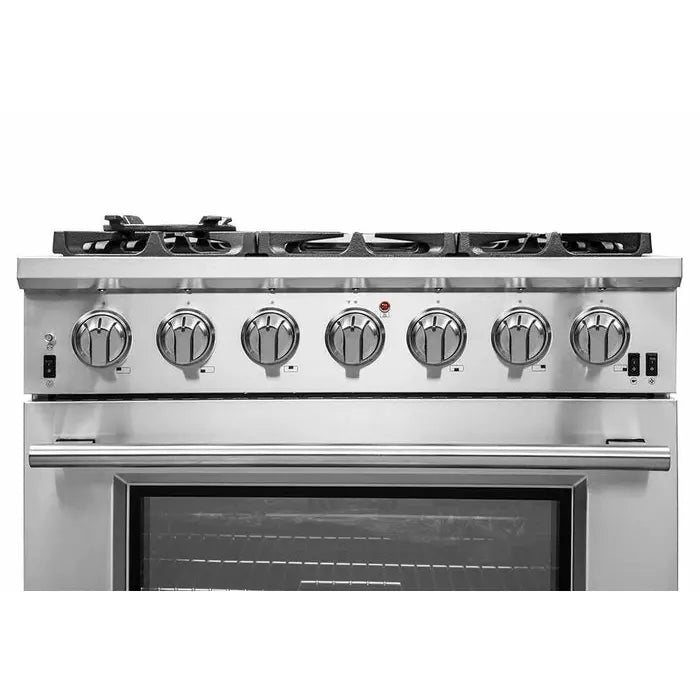 Forno 4-Piece Pro Appliance Package - 36" Gas Range, 56" Pro-Style Refrigerator, Microwave Drawer, & 3-Rack Dishwasher in Stainless Steel