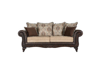 Elmbrook Upholstered Rolled Arm Sofa with Intricate Wood Carvings Brown