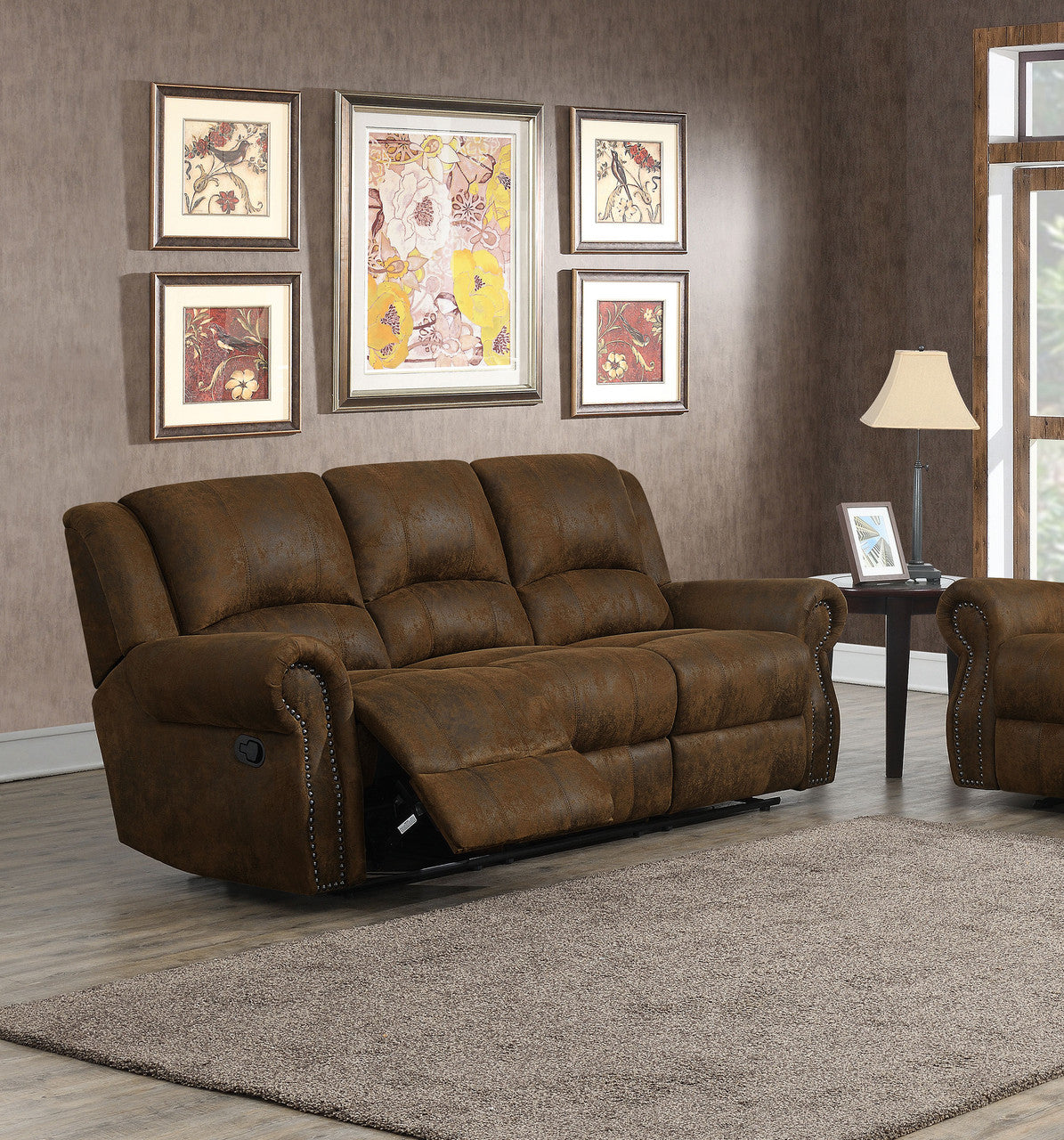 Sir Rawlinson Rolled Arm Motion Sofa with Nailhead Trim Buckskin Brown