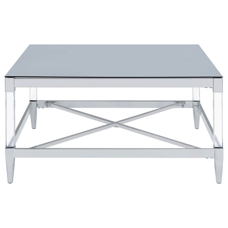 Lindley Square Coffee Table with Acrylic Legs and Tempered Mirror Top Chrome