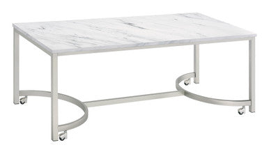 Leona Coffee Table with Casters White and Satin Nickel