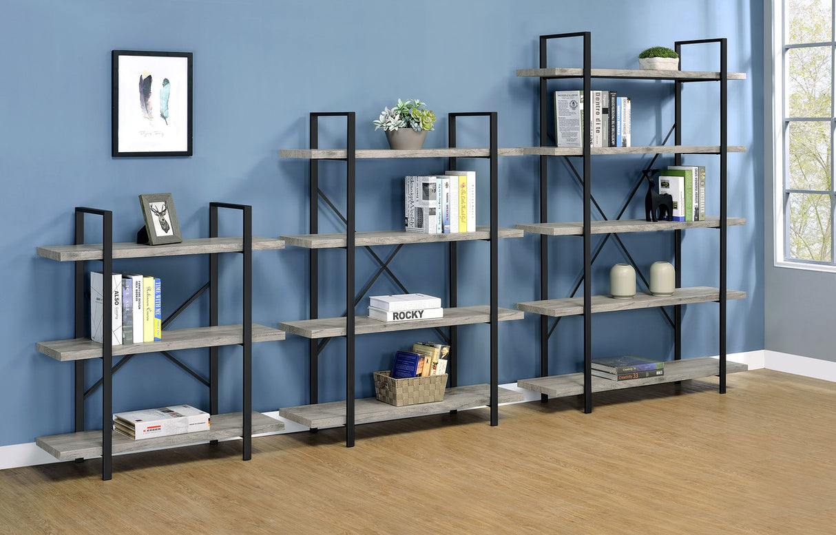 Cole 3-Shelf Bookcase Grey Driftwood and Gunmetal