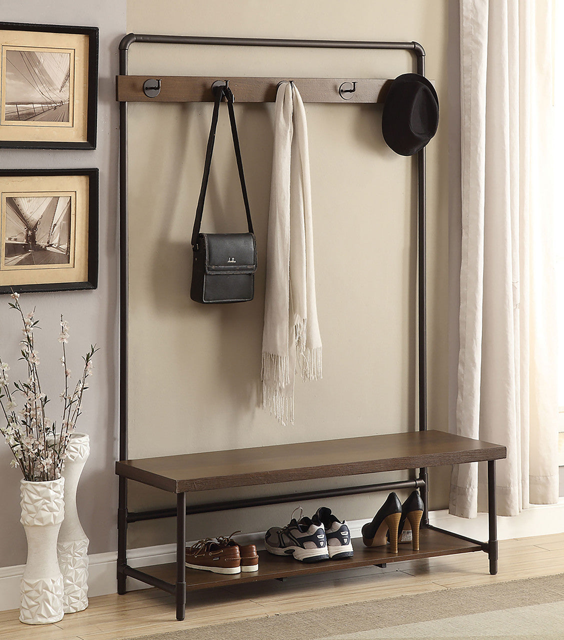 Alise Hall Tree with 5 Coat Hooks Chestnut and Dark Bronze