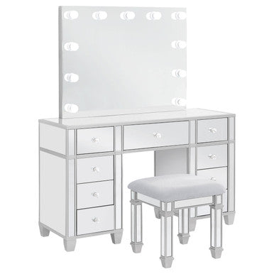 Allora 9-drawer Mirrored Storage Vanity Set with Hollywood Lighting Metallic