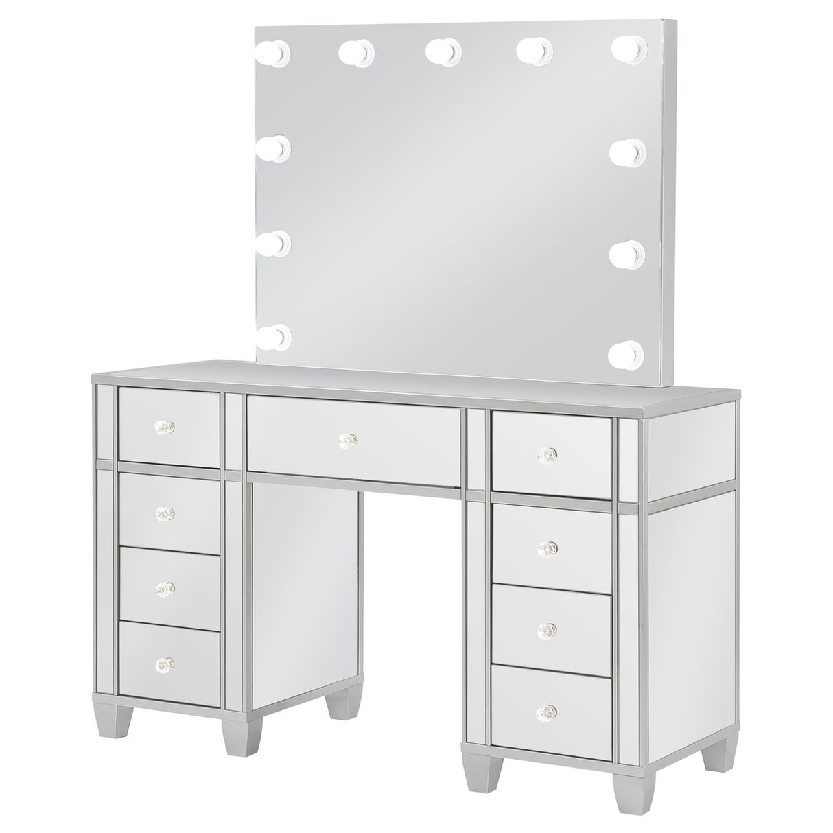 Allora 9-drawer Mirrored Storage Vanity Set with Hollywood Lighting Metallic